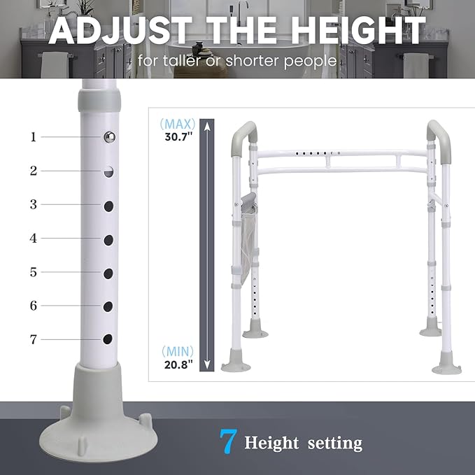 Toilet Safety Rails-Adjustable Toilet Safety Frame, FoldableTtoilet Support Rails with Handles, Heavy Duty Toilet Handles for Elderly, Seniors, Handicap & Disabled-Fits Most Toilets