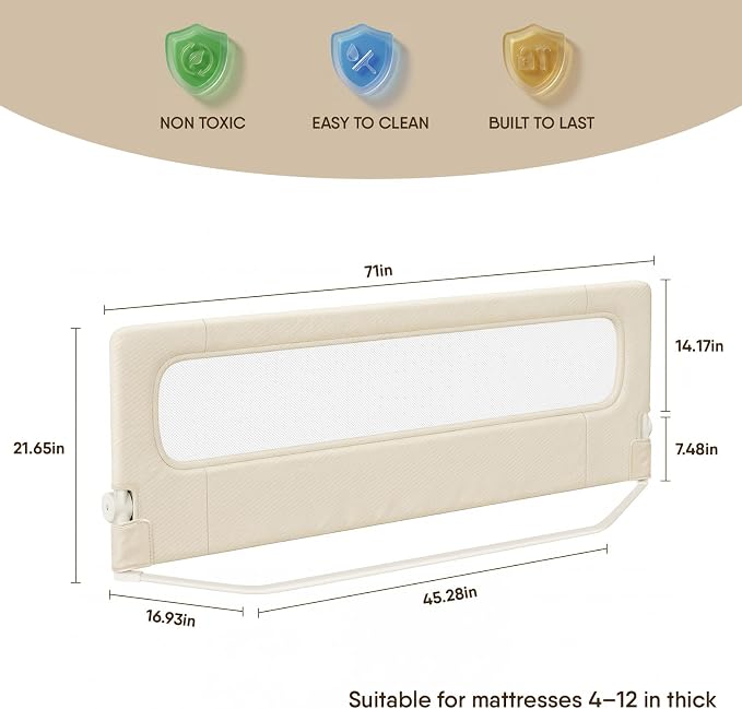 Bed Rail for Toddlers,71 Inch Foldable Baby Guard | 71 in foldable toddler rail with reinforced anchors, no-gap mattress fit, double lock, washable fabric for King|Queen