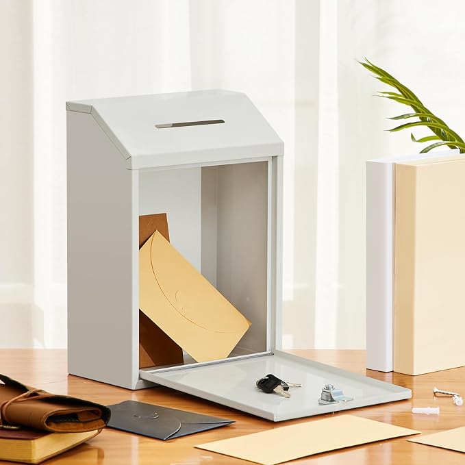 Yaocom Metal Money Box,White,11.81 x 8.58 x 4.72 Inch,No Lid | Wall Mounted Drop Donation Cash Box for Farm Stand Collection Safe Suggestion Box with Lock Container for Home Office Outdoor