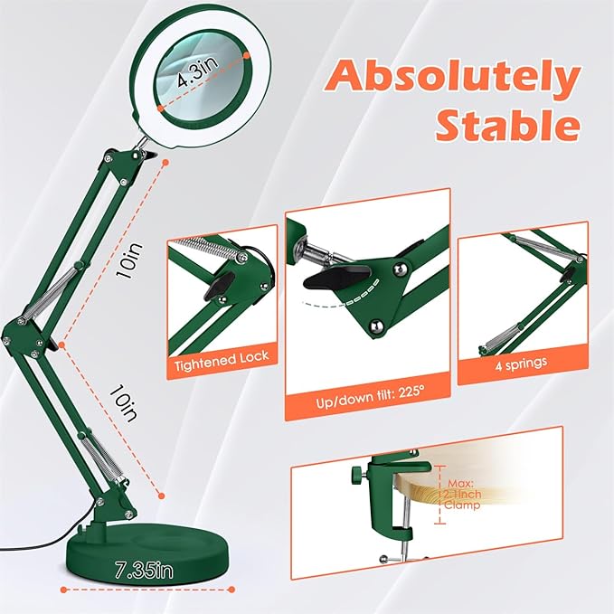 10X Magnifying Glass with Light and Stand, Real Glass Lens Desk Lamp, Lighted Magnifier with Light Stepless Dimming Hands Free for Craft, Reading, Painting, Sewing, Solder - Green