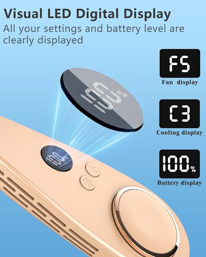 Neck Fan with Semiconductor Cooling Plate, Rechargeable 5500mAh Battery, LED 5 Speeds & 3 Cooling Modes Display, USB Personal Cooling Device Gift for Hot Weather Mother’s Day Father’s Day, Apricot