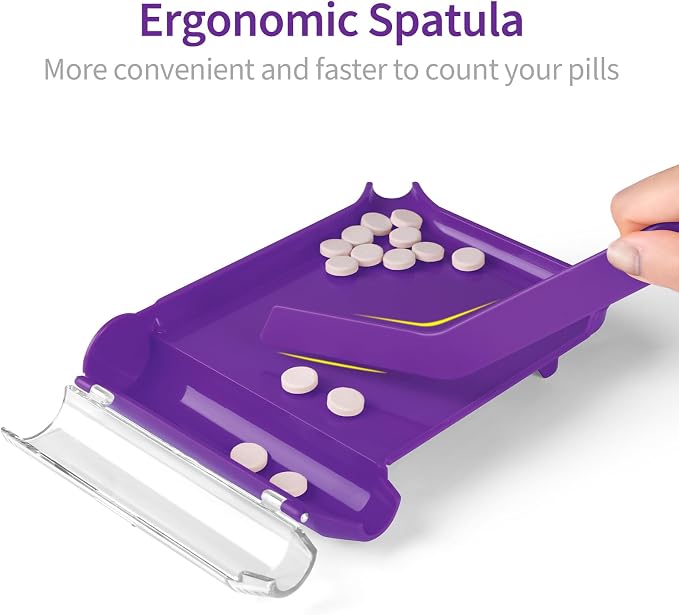 Opret Right Hand Pill Counting Tray with 2 Spatulas, Pill Counter with A Straight Spatula & A L-Spatula for Pharmacy to Count Meds Pills Tablets, Purple