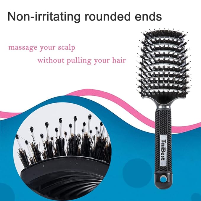 Boar Bristle Hair Brush Set - Dry/Wet Hair Brushes Detangler for Fine, Thick, Curly Hair - Curved and Vented Hair Brush for Women, Men or Kids