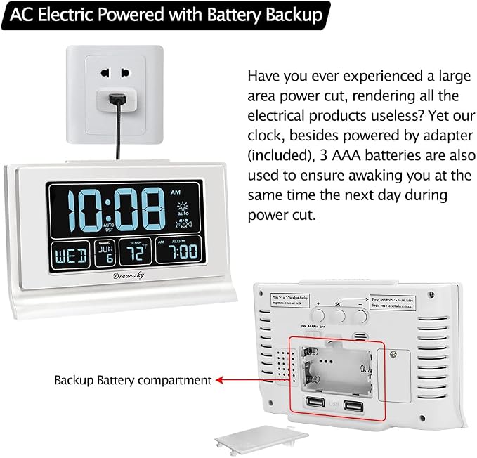 DreamSky Alarm Clocks for Bedrooms with Battery Backup, Auto Set | Digital Clock with Date & Day of Week, 5 Inch Large Display, Weekday, Temperature, USB Port, Auto DST, Brightness Dimmer