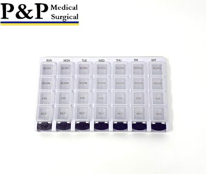 Weekly AM/PM Pill Box Portable Travel Prescription & Medication Pill Case Organizer by P&P MEDICAL SURGICAL (7-Day / 4-Times-A-Day) with Removable Compartments and Moisture-Proof Design