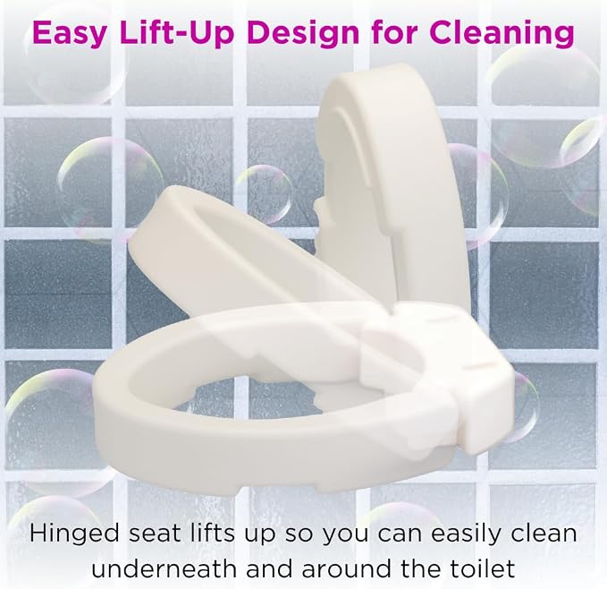NOVA Medical Products Hinged Toilet Seat Riser, Lift Up and Down Raised Toilet Seat (For Under Seat), For Standard Seat, White, 1 Count (Pack of 1)