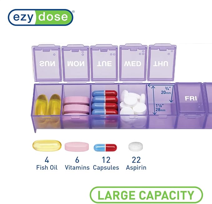 EZY DOSE Weekly (7-Day) Pill Case, Medicine Planner, Vitamin Organizer Box, Large Compartments with Contoured Bottoms, Convenient and Easy to Use, Color May Vary, BPA Free (Pack of 2)