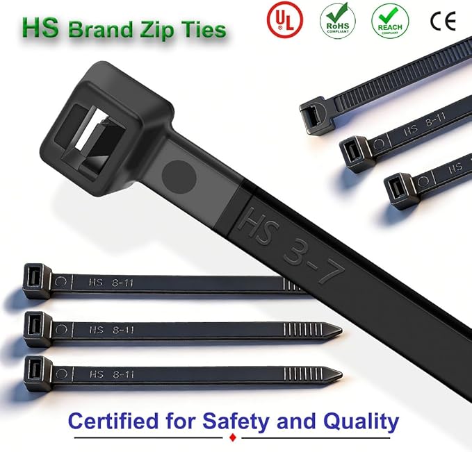 HS Durable Plastic Zip Ties 8 Inch (Bulk-1000 Pack) UV Rated Black Cable Ties 40 Lbs Self-Locking Wire Ties Width 1/8 Inch,Outdoor Purpose