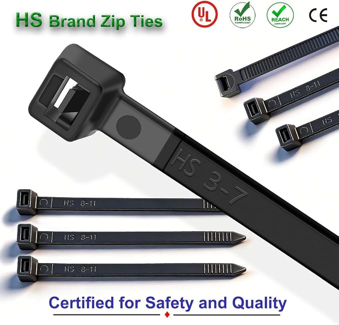 HS Strong Medium Zip Ties 8 Inch x 3/16" UV Rated Black 100 PCS Cable Zipties 50 Pounds Heavy Duty Self-Locking Strap Ties Automotive,Outdoor Fence Purpose
