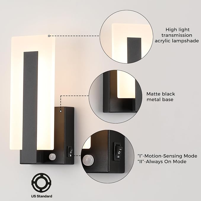 Joosenhouse Wall Sconces Set of Two Hardwired, Motion Sensor Wall Lights for Bedroom Living Room Hallway, TRIAC Dimmable 3000K Warm White, Modern Black Metal Acrylic Wall Lamp Fixtures