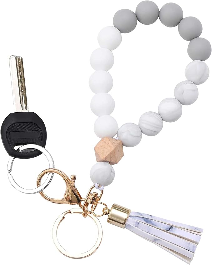 BAOSIWA Silicone Key Ring Bracelet Wristlet Keychain Unique Beaded Bangle Key Chains for Women with Leather Tassel