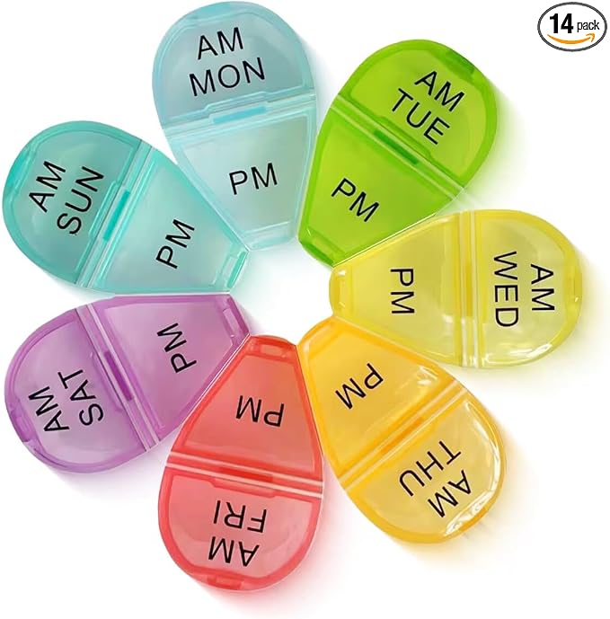 Cute 7 Day AM PM Pill Organizer, Twice a Day Weekly Pill Box with 7 Color Coded Compartments, Flower Shape Portable Travel Pill Case for Vitamins, Supplements and Medications (Multicolor, Small)