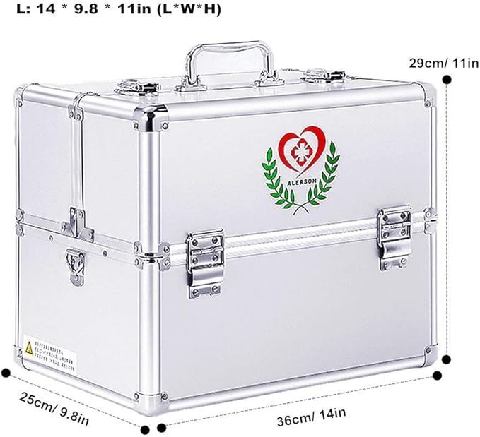 Nurth First Aid Kit Lockable First Aid Box Security Lock Medicine Storage Box with Portable Handle,Medication Lock Box 3 Tier Design/Precription Storage Box Large Space 14 × 9.8 × 11inch (Silver)