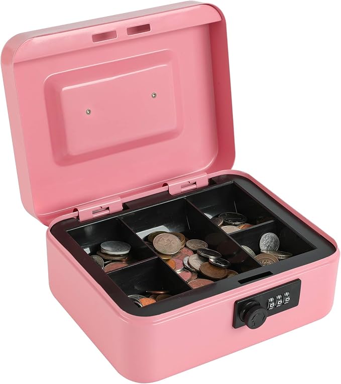 xydled Steel Cash Box Safe with Combination Lock,Money Safe Box with Removable Coin Tray,Medium,7.87"x 6.30"x 3.54",Pink
