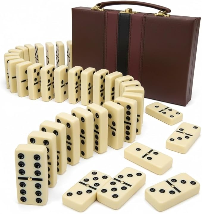 Playbees Jumbo Double Six Dominoes Set - 28 White Classic Tiles in Faux Leather Case - Fun Educational Toy for Kids, Boys, Girls, Classroom Kit, Classic Game Night Party Favors Set, Travel-Friendly