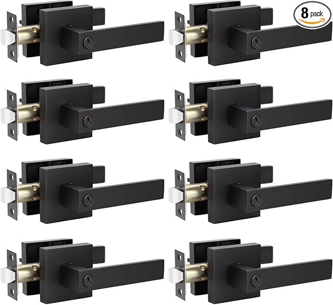 KNOBWELL Door Handles Black 8 Pack, Privacy Lever Door Handles, Heavy Duty Interior Door Knobs for Bed and Bath, Reversible for Left and Right