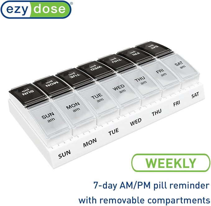 EZY DOSE Weekly (7-Day) AM/PM Pill Case, Medicine Planner, Vitamin Organizer, Small Pop-Out Compartments, 2 Times a Day, Black and Clear Lids (Pack of 2)