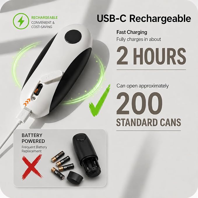 Electric Can Opener, USB-C Rechargeable Automatic Can Opener with Smooth Edge, One-Touch Operation, Magnetic Lid Hold, Easy Kitchen Gadget for Seniors, Fits Most Can Sizes
