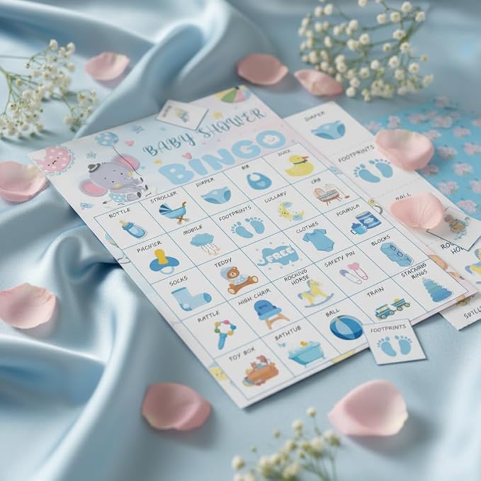 Baby Shower Bingo Game Cards Set for Guests Adults, Blue Elephant Baby Shower Party Bingo Game Gender Reveal Bingo Game for Family Friends Large Group Activity, Favors Supplies Decorations