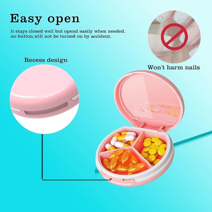 Serfeymi Small Pill Case for Purse, Unique Artistic Patterns Travel Pill Box with 3 Compartments, Portable Mini Pill Organizer for Pocket, Decorative Pill Container for Purse - Pink(Logo)