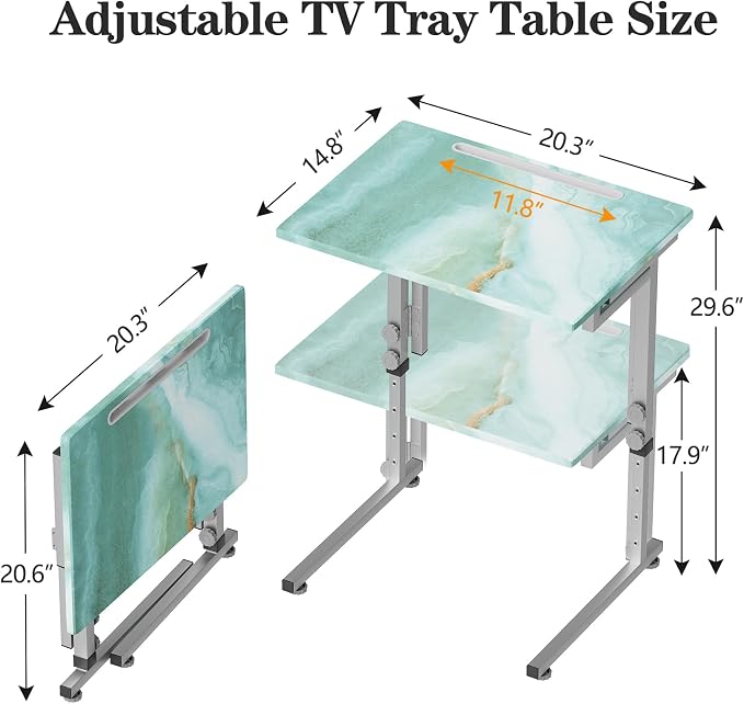 Folding Tv Tray Table,6 Height Adjustable Dinner Snack Slide Under Couch Side Table, Portable Foldable C-Shaped End Table for Eating with Sturdy MDF Top,No Assembly(Sea Blue+Silver)