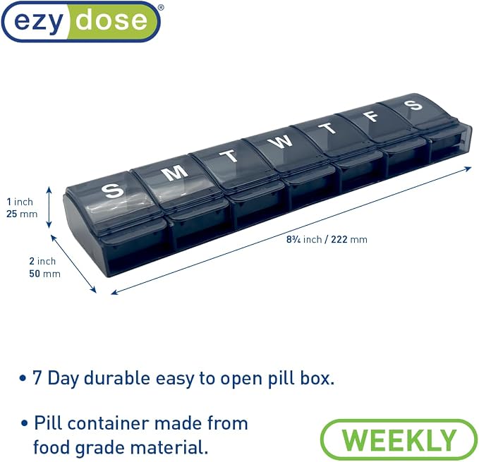 EZY DOSE Weekly (7-Day) Pill Case, Medicine Planner, Daily Vitamin Organizer Box, X-Large Push-Button Compartments, Convenient and Easy to Use, Arthritis Friendly, Transparent Lids, Black, BPA Free