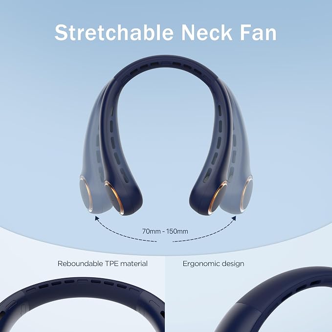 GULAKI Portable Neck Fan, Personal Fan with 4000mAh Battery, Rechargeable Neck Fan with 3 Speeds and 64 Cool Lights, Birthday Gifts for Men Women Mom Dad, Hands Free Cooling fan for Summer(Navy Blue)