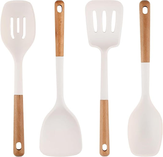 Silicone Kitchen Utensils Set of 4, Large Non-Stick Cooking Utensil Set w Wooden Handle Food Grade Heat Resistance Turner Spoon Silicone Cooking Kitchen Gadgets BPA Free for Nonstick Cookware
