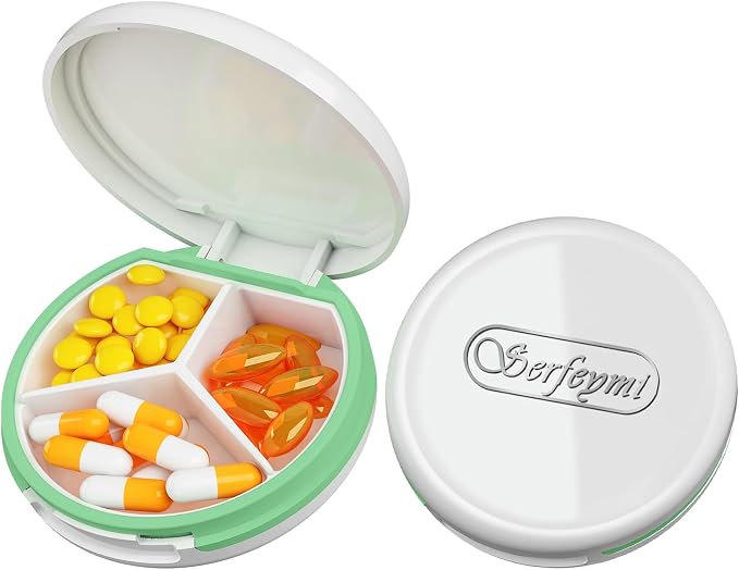 Serfeymi Small Pill Case for Purse, Unique Artistic Patterns Travel Pill Box with 3 Compartments, Portable Mini Pill Organizer for Pocket, Decorative Pill Container for Purse - White(Logo)