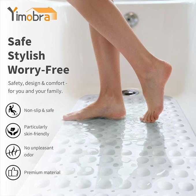 Yimobra Long Bath Tub Mat Non-Slip 40"x16", Super Strong Suction Cups, Shower Mat with Drain Holes, Machine Washable Bathroom Floor Mat, Bathroom Essentials, White