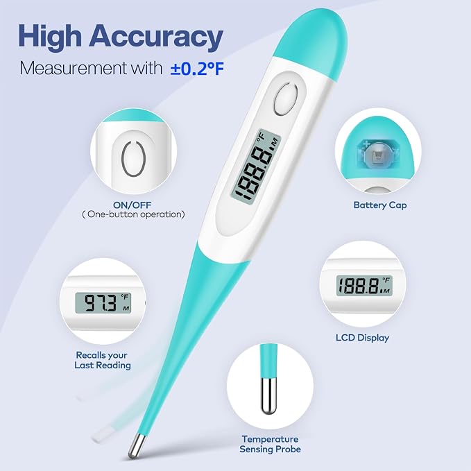 Boncare 10 Seconds Oral Thermometer for Adults and Kids, Blue Green | Accurate & Safe, Rectal Digital Thermometer for Baby, Fever Alarm