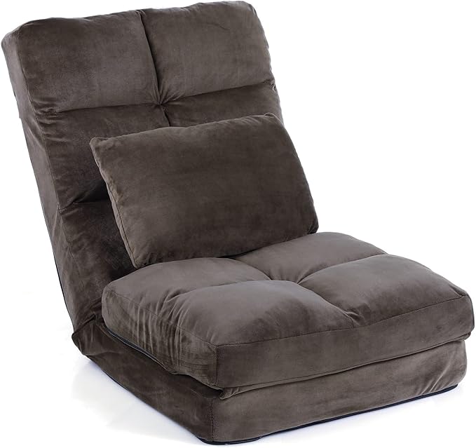 Indoor Chaise Lounge Sofa, Floor Chair with Back Support for Adults, 14 Angle Adjustment Recliner Chair, Folding Floor Lounger with Pillow 8823(Brown)