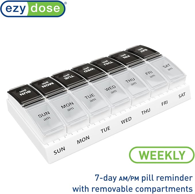 Ezy Dose Weekly (7-Day) AM/PM Pill Organizer, Small Case, Black/Clear | Daily Vitamin & Supplement Medicine Box, Compact Pop-Out Compartments, 2 Times a Day Pill Holder, Travel-Friendly, BPA-Free