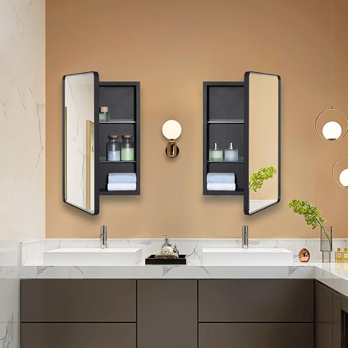 Black Bathroom Mirror Medicine Cabinet with Round Corner Framed Door and Beveled Edge Mirror 15 x 25 inch, Recessed or Surface Mount, with Adjustable Glass Shelves