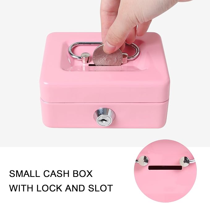 Jssmst Small Cash Box with Lock and Slot, Metal Coin Piggy Bank for Adults and Kids, Pink Locking Money Box