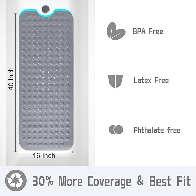 Yimobra 2-Pack Non Slip Bathtub Mat 40 x 16 Inch, Extra Long Shower Mat with Drain Holes, Machine Washable Baby Bath Mats, Strong Suction Cups for Bathroom Floor, Grey