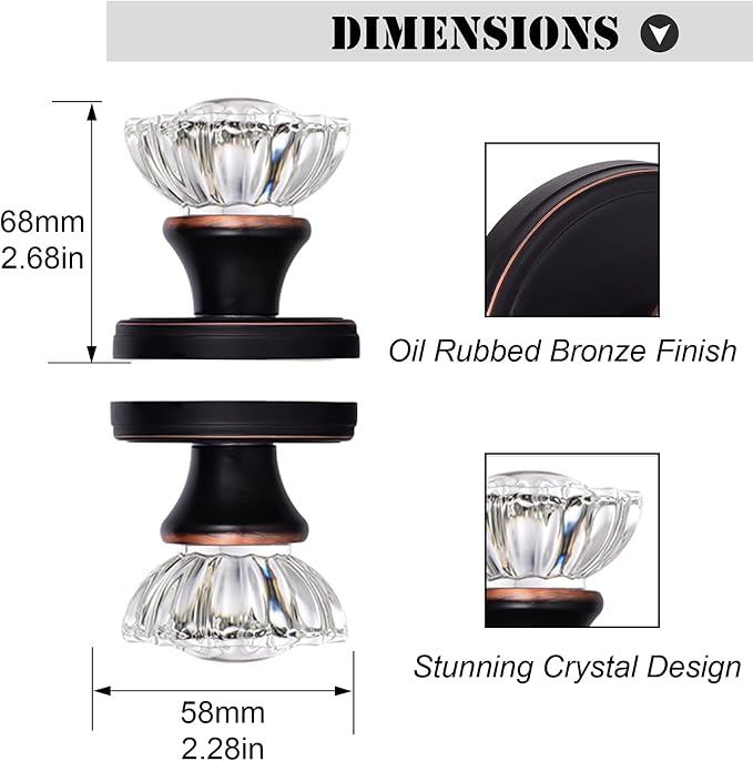 Glass Door Knobs Interior, Crystal Dummy Door Knobs for Hall and Closet, Oil Rubbed Bronze (4 Pack) | for Hall and Closet, Oil Rubbed Bronze (4 Pack)