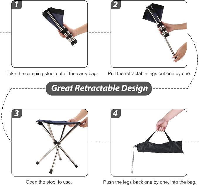 Lightweight Backpacking Stool, 13.8in Portable Folding Chair with Carry Bag | Folds to 2.6x2.6x12.6in, Retractable 4-Leg Frame, No Assembly and Carry Bag for Hiking, Travel, Concerts, Queuing and Fishing