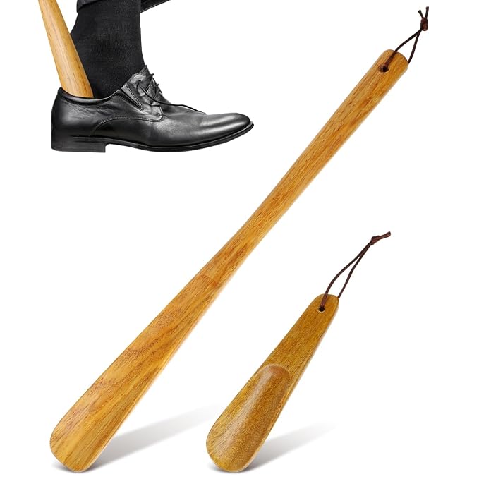 GLEAVI Wooden Shoe Horns 2-Pack Long and Short Handle Shoe Helpers for Seniors Men Women Portable Solid Wood Horn with Hanging Loop 15.74 & 6.30