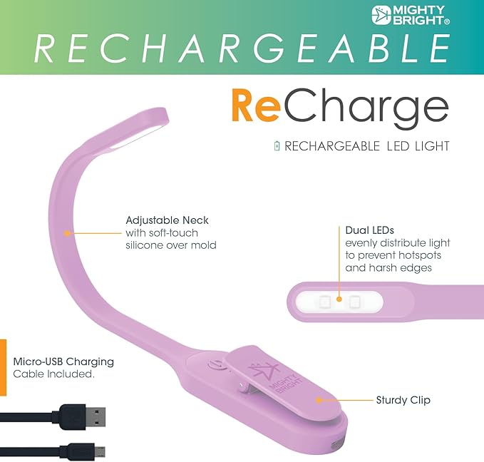 Mighty Bright The Original Recharge Clip On – USB Rechargeable Book Light – Warm LED Reading Lamp – Flexible, Dimmable, Lasts Up to 60 Hours a Charge (Lavender)