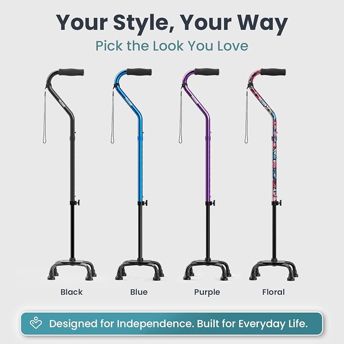 PELEGON Quad Cane (300 lb) - Adjustable Walking Cane with A Large 4 Pronged Base for Extra Balance & Stability, Walking Canes for Seniors, Walking Cane for Men & Women, Walking Sticks