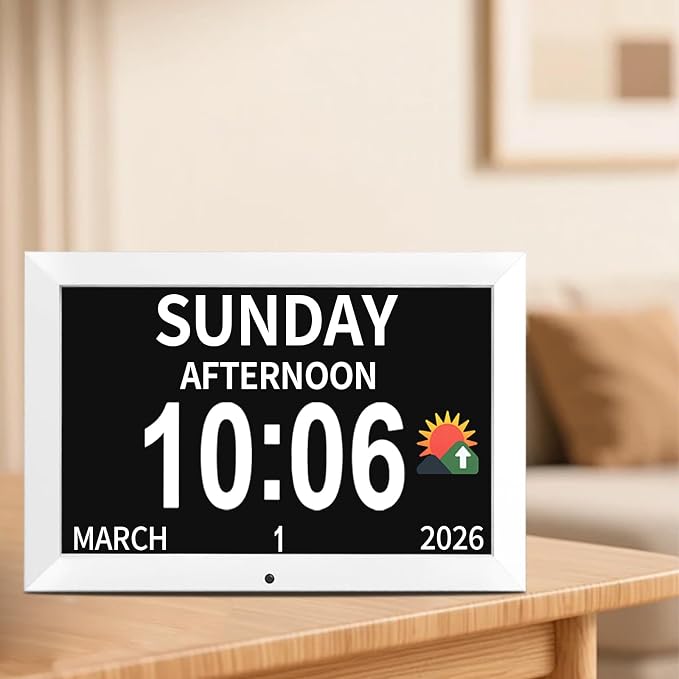 10.1 Inch White Digital Dementia Clock, Large Display Calendar Clock, 15 Medication Reminders, Auto DST, Auto Brightness Adjustment, Equipped with Remote Control (10.1inch White, Large)