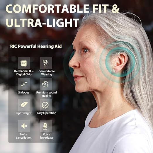 Hearing Aids for Seniors, Rechargeable OTC Hearing Aid Noise Cancelling 16 Channels Nearly Invisible Receiver-in-Canal, Voice Broadcast Function Clear Sound Quality 3 Modes, 6 Levels of Volume Adjustment