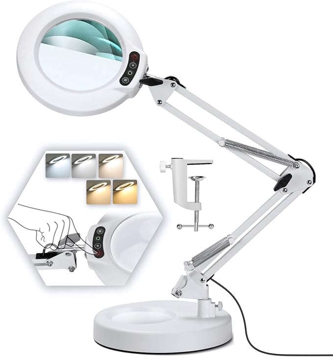 10X Magnifying Glass with Light and Stand, 5 Color Modes Stepless Dimmable 2-in-1 Desk Lamp with Clamp, Hands Free LED Lighted Magnifier with Light for Craft Hobby Painting Reading Close Works - White