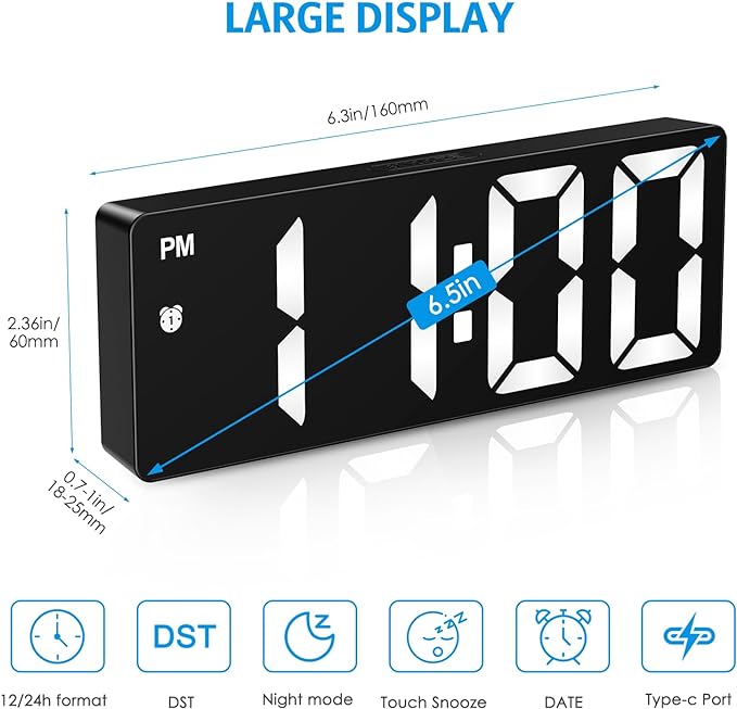 AMIR Digital Alarm Clock, Upgraded Small Digital Clock, Digital Clock Large Display, Dimmable Snooze DST 12/24H, Desk Clock for Home School Office