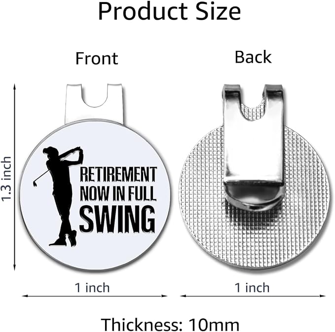 Hafhue Retirement Now in Full Swing Golf Ball Marker with Magnetic Hat Clip, Funny Golf Accessories and Golf Gift for Men Women Dad Grandma Grandpa, Birthday Retirement Gift for Golfer Golf Lover