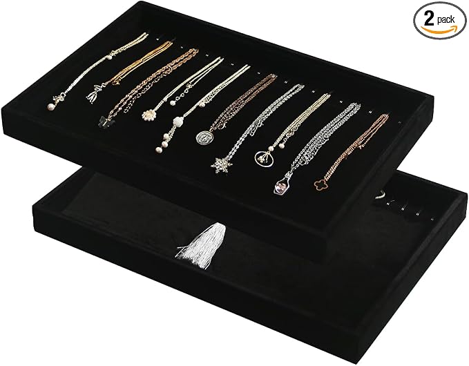 Coward Set of 2 Black Velvet Stackable Necklace Holder Organizer Tray Velvet Necklace Display Stand for Selling Jewelry Box Case for Storage (necklace+necklace)