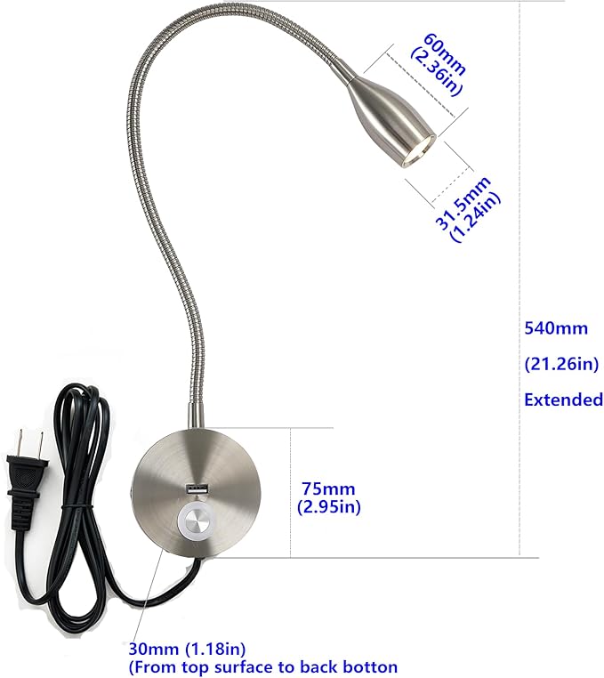 LED Wall Reading Light with USB Charging Port, Dimmable Gooseneck Bedside Lamp, Flexible Arm, 3W, (Nickel, 120V Plug in, Warm White)