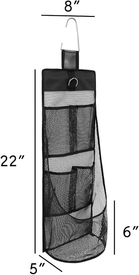 ALYER Hanging Mesh Bathroom Organizer,Durable Shower Caddy,Net Storage Bag for Closet Nursery Office Dorm RV Toys Cosmetics Sundries (Black, 22" H * 8" W * 5" D)