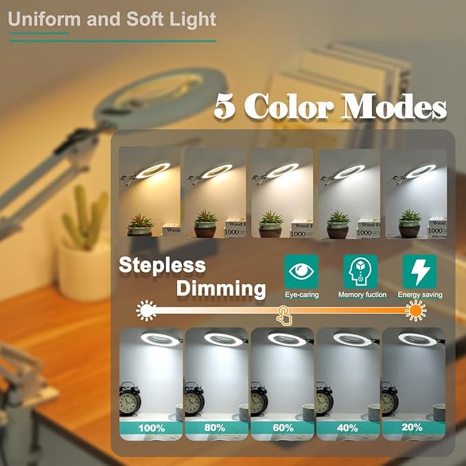 10X Magnifying Glass with Light and Stand, 5 Color Modes Stepless Dimmable 2-in-1 Desk Lamp with Clamp, Hands Free LED Lighted Magnifier with Light for Craft Hobby Painting Reading Close Works - White